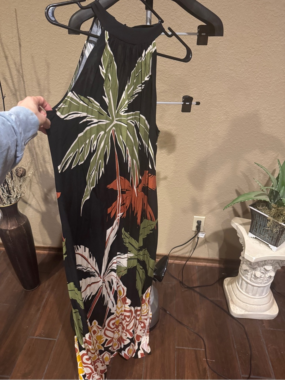 MSK Black Halter Maxi Dress with Olive & Cream Palm Print
